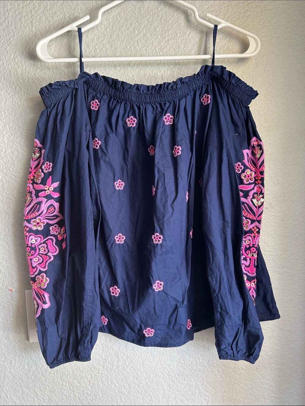 Lilly Pulitzer Navy Off-Shoulder Top with Pink Floral Embroidery